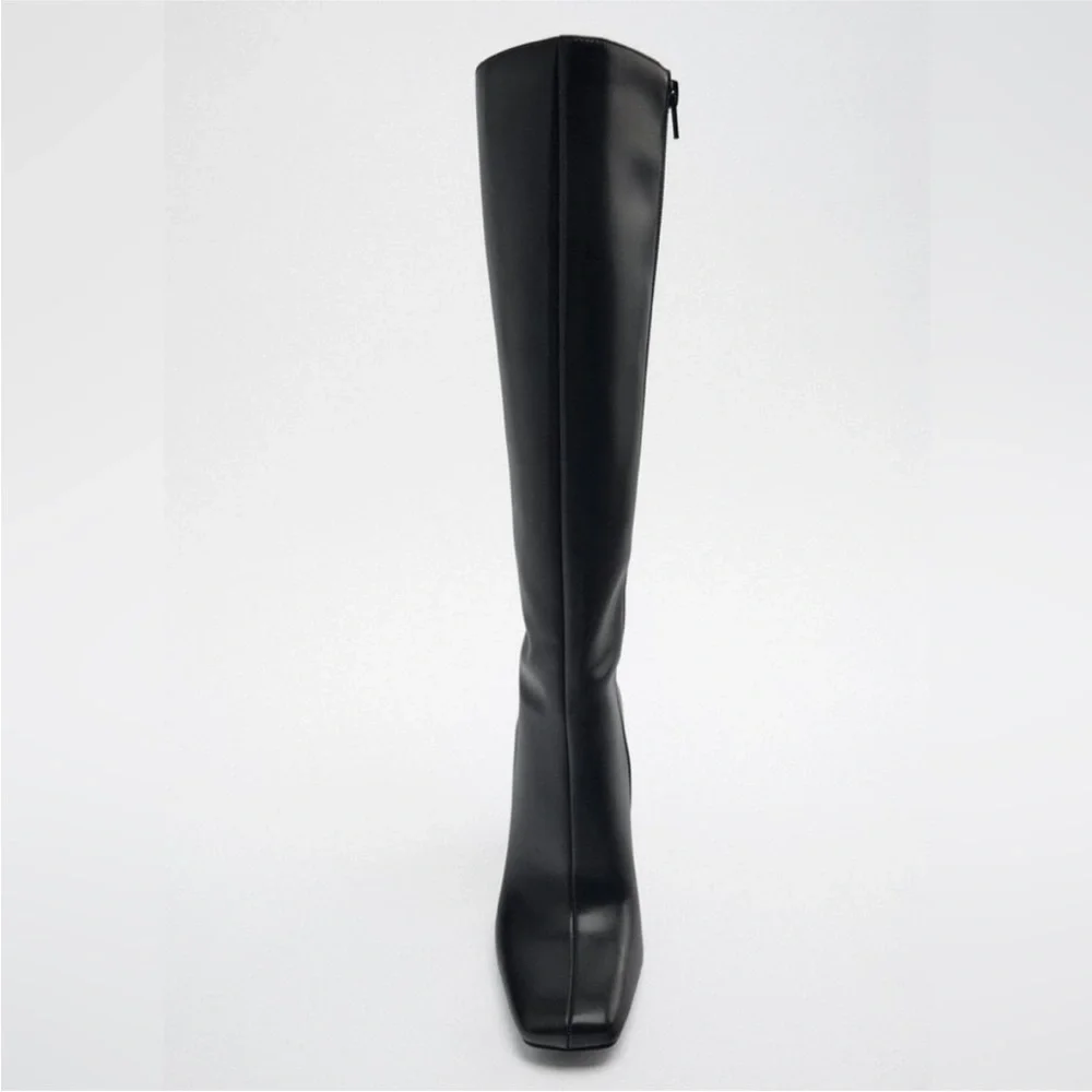 Zara NWOT Black square toe knee high boots premium faux leather heeled boots - Picture 9 of 15